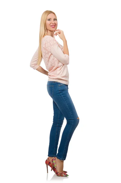 Mulher bonita em jeans azul isolado em branco — Fotografia de Stock