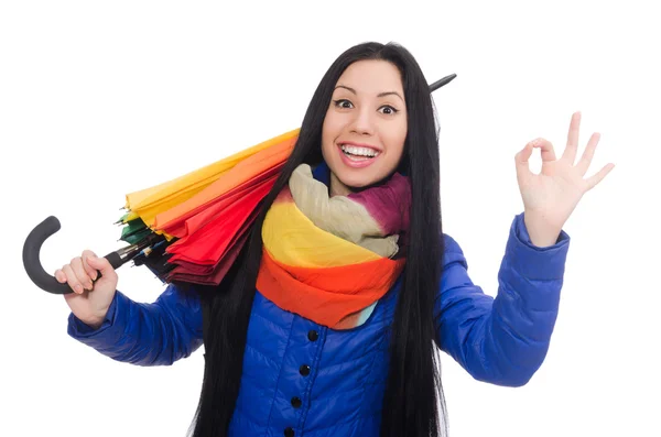 Chica bonita en chaqueta azul de invierno aislado en blanco — Foto de Stock