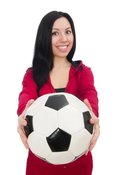 Žena s fotbalovými izolovaných na bílém — Stock fotografie