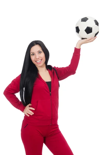 Frau mit Fußball isoliert auf weiß — Stockfoto