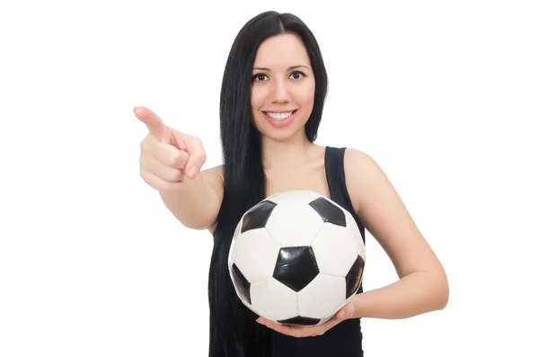 Γυναίκα με το ποδόσφαιρο που απομονώνονται σε λευκό — Φωτογραφία Αρχείου
