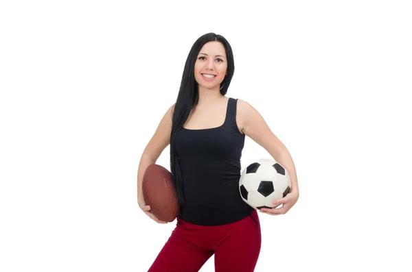 Žena s fotbalovými izolovaných na bílém — Stock fotografie