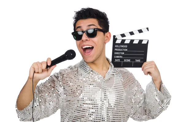 Joven con micrófono y clapperboard aislado en blanco —  Fotos de Stock