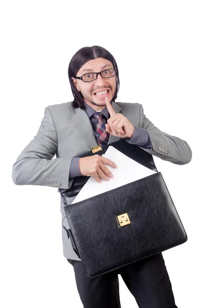 Joven hombre de negocios en traje gris sosteniendo maletín aislado en blanco — Foto de Stock