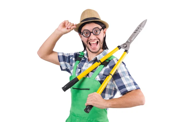 Hombre divertido con tijeras aisladas en blanco — Foto de Stock