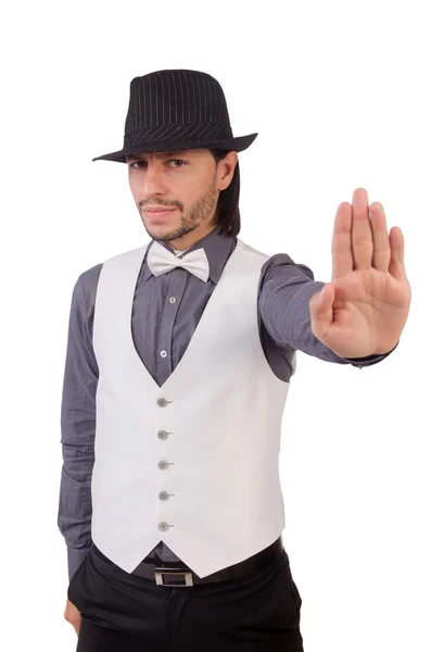 Giovane in camicia grigia e cappello nero isolato su bianco — Foto Stock