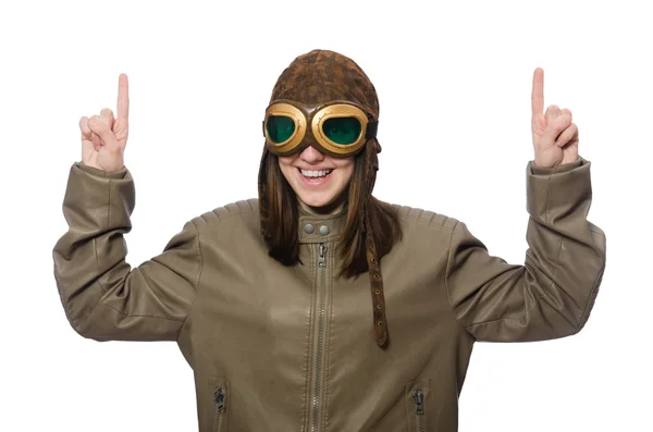 Vrouw piloot geïsoleerd op de witte — Stockfoto