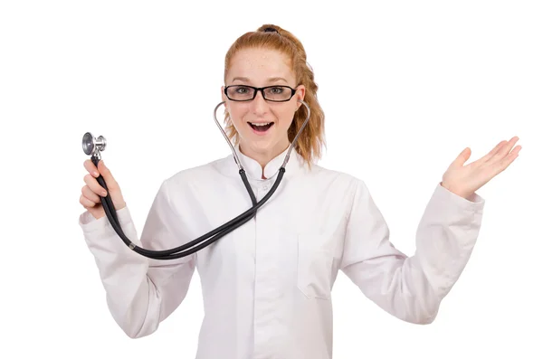 Beyaz izole stetoskop ile oldukça kadın doktor — Stok fotoğraf