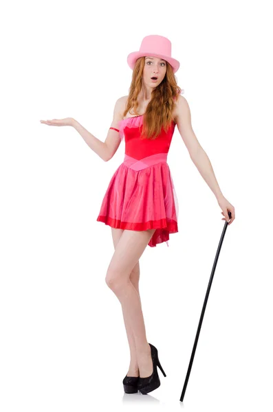 Pretty young wizard in mini pink dress isolated on white — Stock Photo, Image