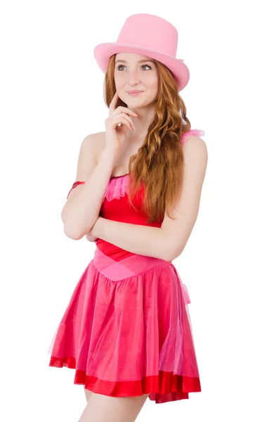 Pretty young wizard in mini pink dress isolated on white — Stock Photo, Image