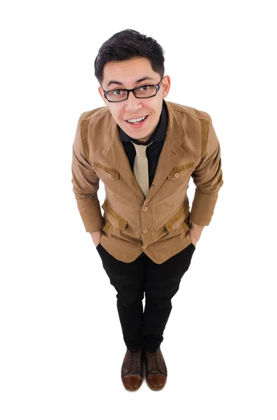 Young man in brown jacket isolated on white — Stock Photo, Image