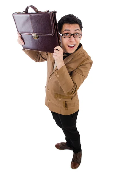 Hombre joven con maletín marrón aislado en blanco — Foto de Stock