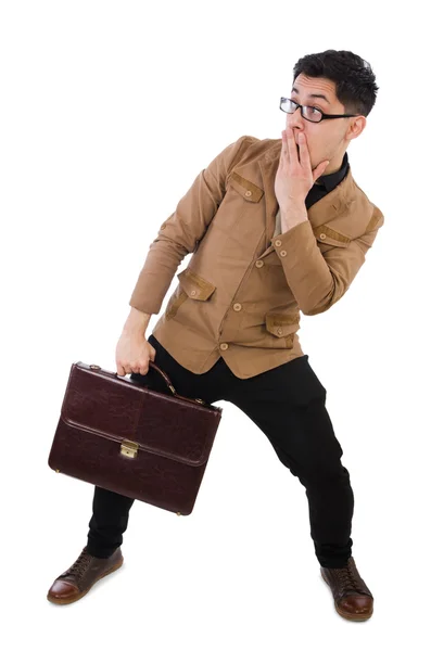 Young man with brown briefcase isolated on white — Stock Photo, Image