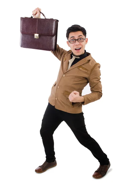 Jeune homme avec mallette marron isolé sur blanc — Photo