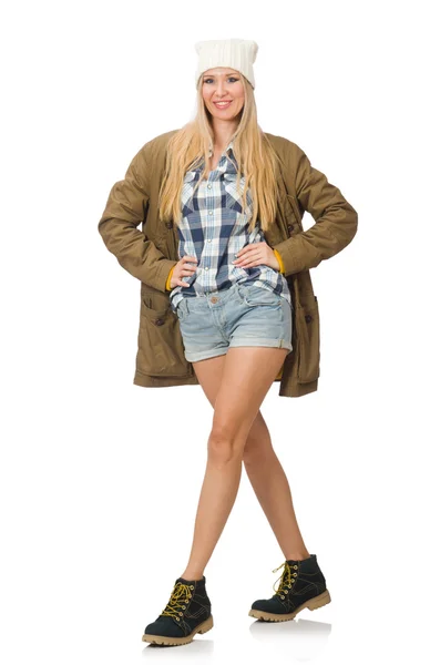 Hübsche Frau in Jeans-Shorts isoliert auf weiß — Stockfoto