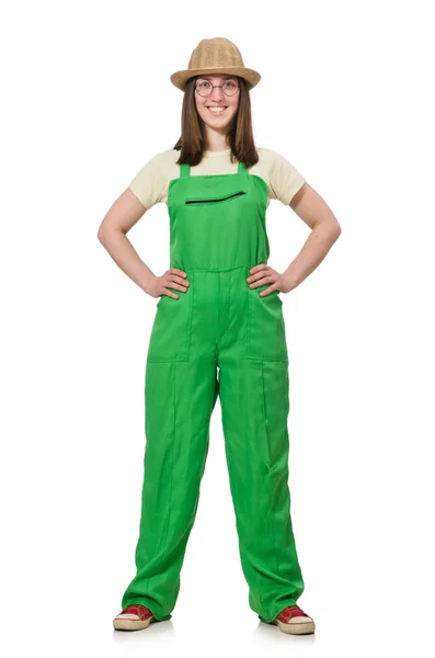 Donna in uniforme verde isolata su bianco — Foto Stock