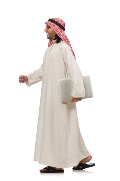 Hombre árabe con portátil aislado en blanco — Foto de Stock