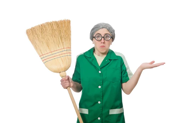 Woman with sweeping brush isolated on white — Stock Photo, Image