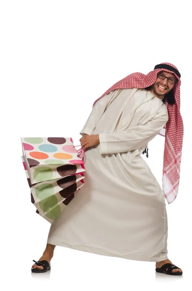 Arab man with shopping bags on white — Stock Photo, Image