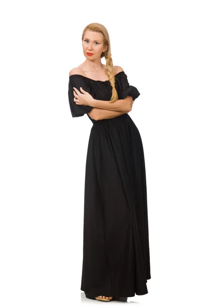 Lång kvinna i lång svart klänning isolerad på vit — Stockfoto