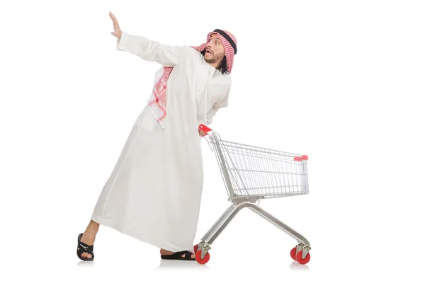 Hombre árabe haciendo compras aislado en blanco — Foto de Stock