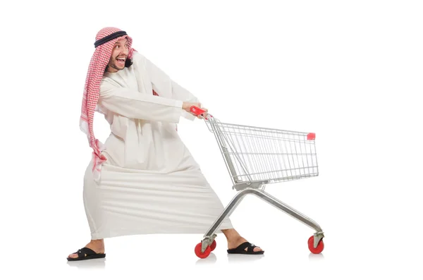 Hombre árabe haciendo compras aislado en blanco — Foto de Stock