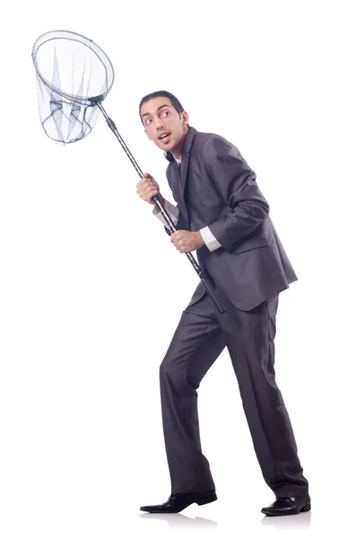 Funny businessman with catching net on white — Stock Photo, Image