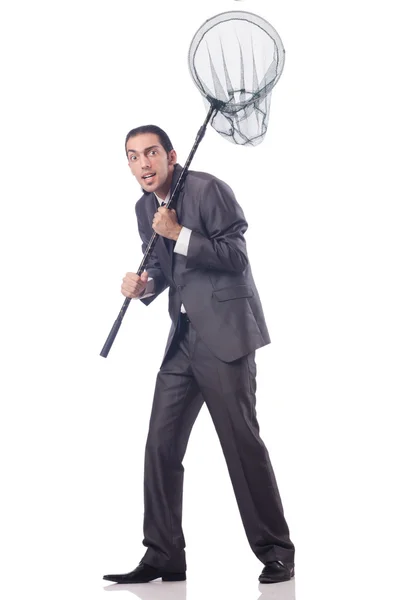 Funny businessman with catching net on white — Stock Photo, Image