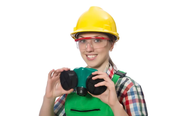 Kobiece pracownik ubrany w kombinezon i maska na białym tle — Zdjęcie stockowe