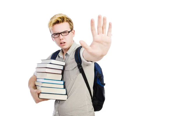 Studente con libri isolati su bianco — Foto Stock