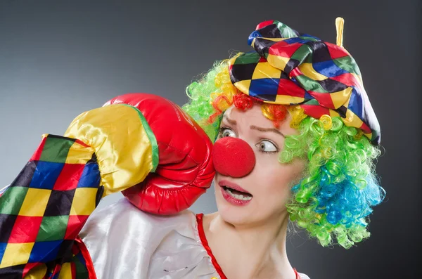 Clown met bokshandschoenen in grappige concept — Stockfoto