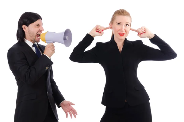 Empresário e empresária com megafone isolado em branco — Fotografia de Stock