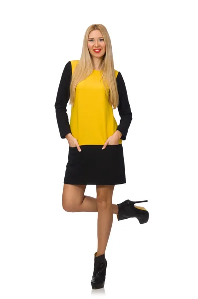 Blond haar meisje in geel en zwart kleding geïsoleerd op wit — Stockfoto