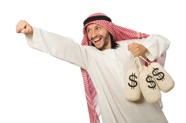 Arabischer Geschäftsmann mit Säcken voller Geld — Stockfoto