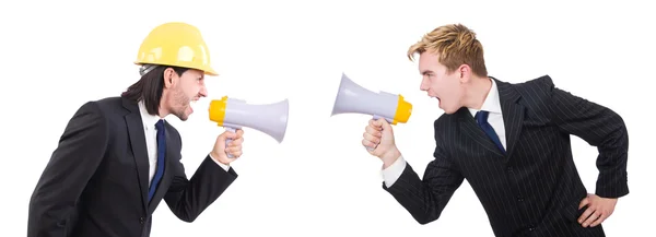 Two employees speaking through loudspeakers isolated on white — Stock Photo, Image