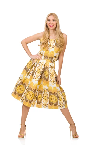 Pretty girl in yellow floral dress isolated on white — Stock Photo, Image