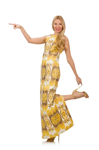 Красивая девушка в желтом цветочном платье изолированы на белом — стоковое фото