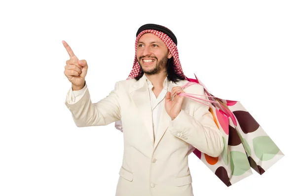 Arab man with shopping bags on white — Stock Photo, Image