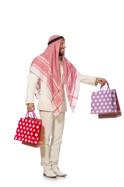 Arab man with shopping bags on white — Stock Photo, Image