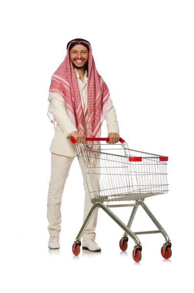 Homem árabe fazendo compras isolado no branco — Fotografia de Stock