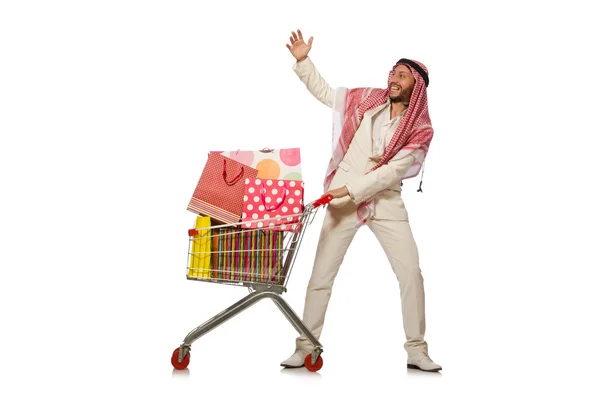 Homem árabe fazendo compras isolado no branco — Fotografia de Stock