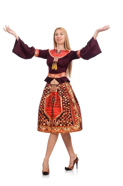 Frau in Kleid mit orientalischen Prints isoliert auf weiß — Stockfoto