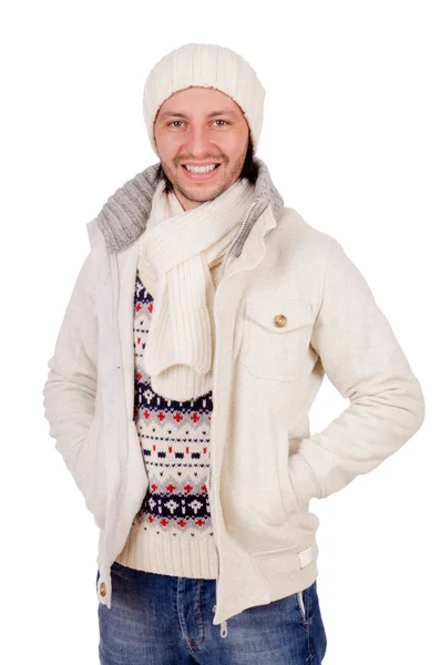 Fiatal férfi az elszigetelt fehér téli ruhák — Stock Fotó
