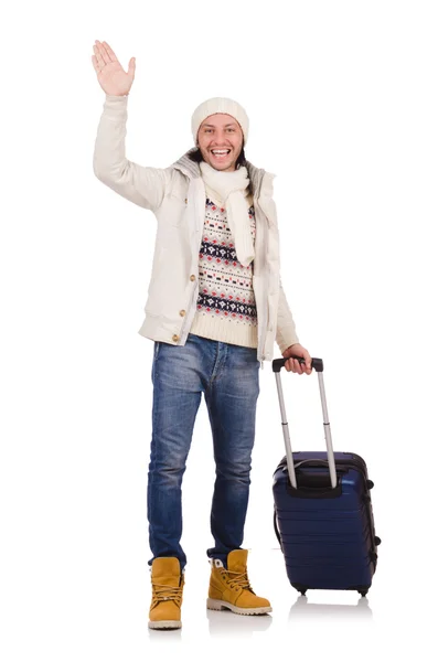 Tourist holding suitcase isolated on white — Stock Photo, Image