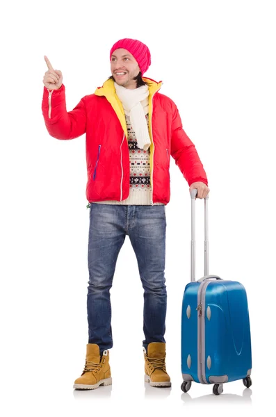 Tourist holding suitcase isolated on white — Stock Photo, Image