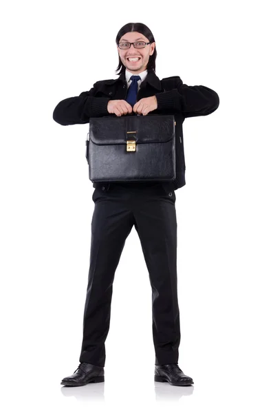 Giovane uomo d'affari in possesso di valigetta isolata su bianco — Foto Stock