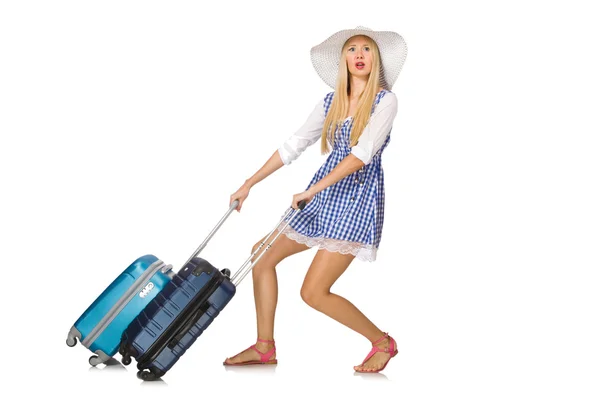 Woman ready for summer travel isolated on white — Stock Photo, Image