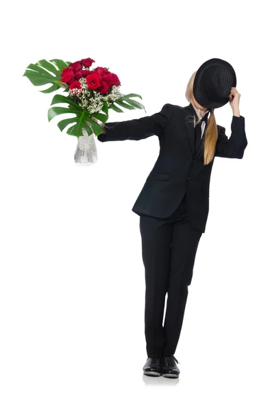 Mulher com um monte de rosas isoladas em branco — Fotografia de Stock