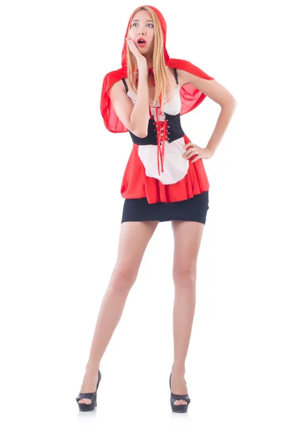 Dziewczyna w konna kaptur czerwony kostium na białym tle — Zdjęcie stockowe