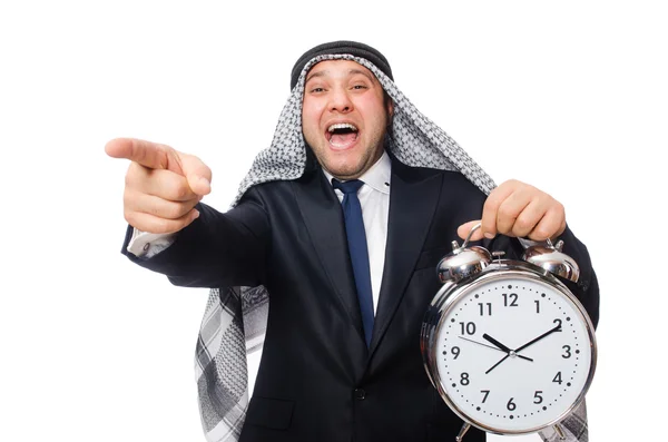 Arabische man met klok geïsoleerd op wit — Stockfoto